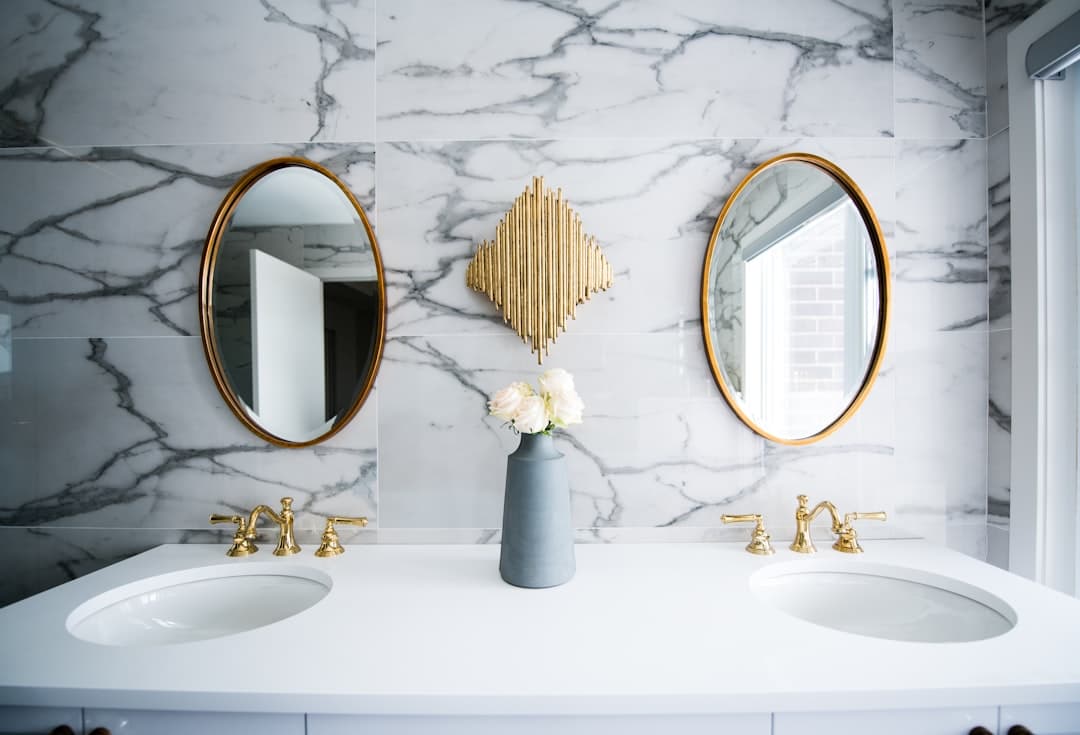 Luxurious marble bathroom with freestanding tub